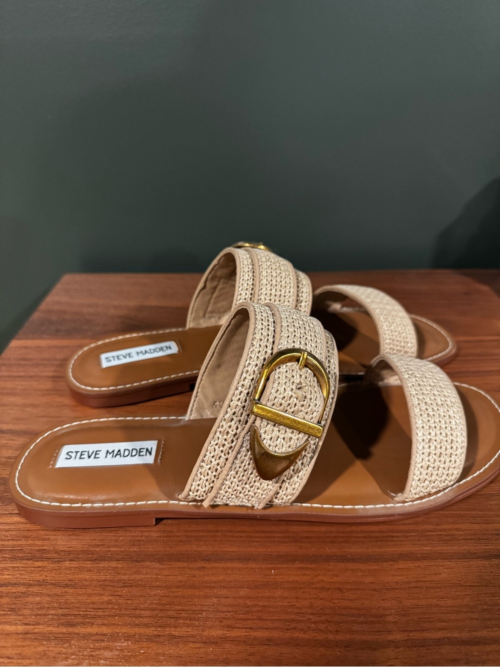 Steve Madden Beige Woven Buckle Slide Sandals